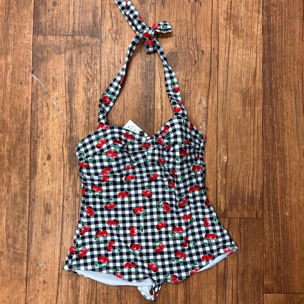 NEW hot topic medium cherry gingham one piece swimsuit